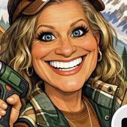 Rustic Blessings cartoon avatar: a smiling woman holding a cordless drill